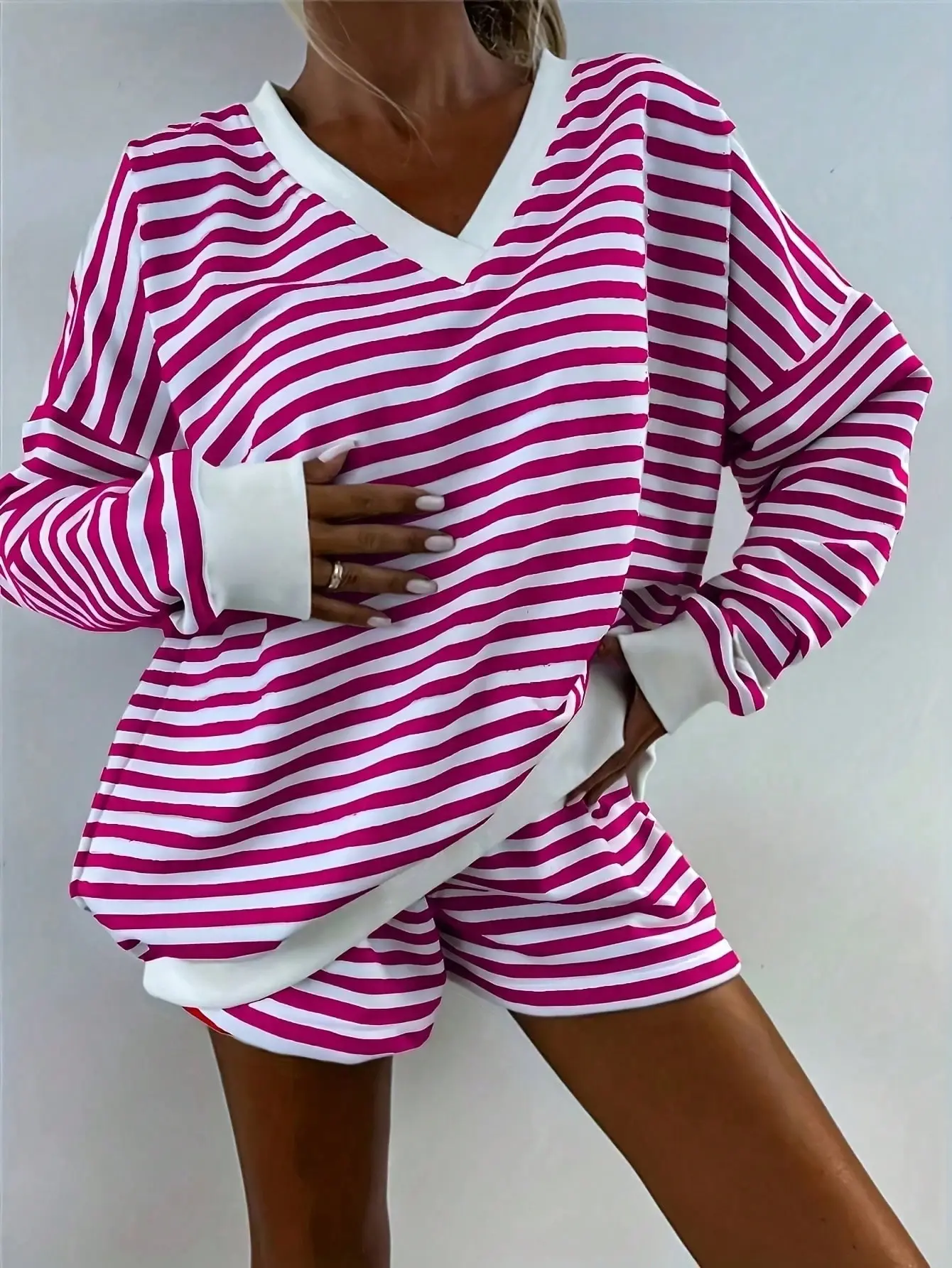 LALUZ Womens Green Striped Pajama Set Color Patchwork V Neck Thread Cuff Home Wear Cozy Loungewear