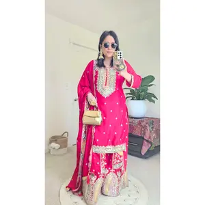 Premium Chinnon Red Sharara 3 Piece Set, Partywear