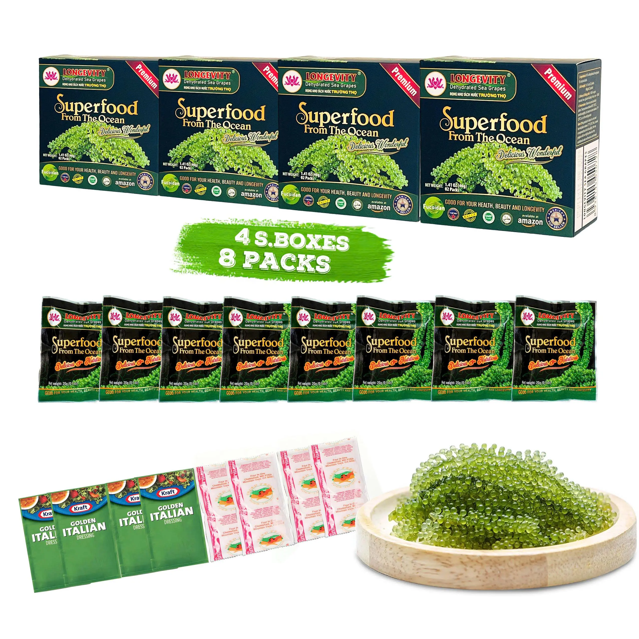 4 S.BOXES Longevity Dehydrated Sea Grapes - COMBO 4 S.BOXES 8 Packs Green Caviar Umibudo Latok Seaweed Organic Premium Quality Crunchy Flavor Superfood From The Ocean