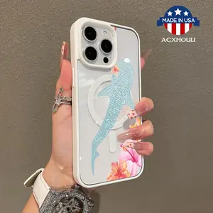 Adorable Magnetic Case for iPhone11/12/13/14/15/16/promax Whale Shark Floral Illustration MagSafe Compatible, Lightweight, Anti-Fall | Girly & Chic Style