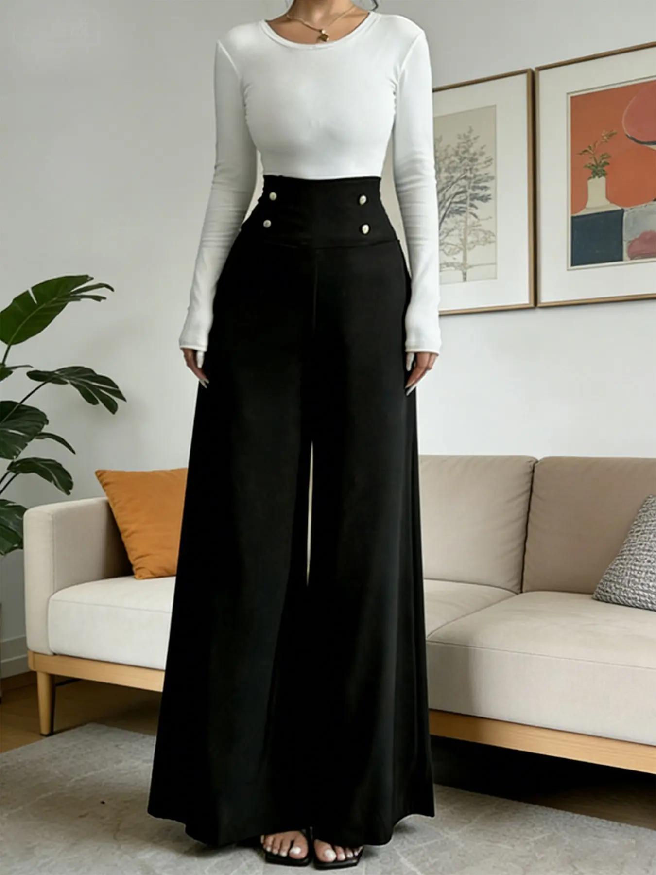 Women's Wide-Leg Pants, Loose Leg Pants, Summer Black High-Waisted Tummy Control Wide-Leg Pants, Casual Simple Elegant Women's Wide-Leg Pants With Pockets, Suitable for Work Office Daily Wear, Palazzo Pant