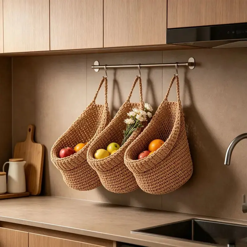 3-piece set of durable hand-woven wall hanging baskets, decorative space-saving vegetable and fruit storage baskets, soft miscellaneous item organizing baskets