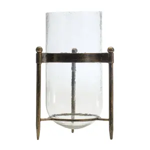 Glass Hurricane Candle Holder in Metal Stand 13.5"H