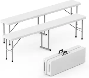 Folding Bench 6 ft, Foldable Plastic Bench with Handle and Smooth HDPE Tabletop, Protable in/Outdoor Picnic Party Camping Dining Seat, 2 Pack, White