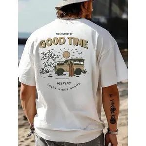 Men's Casual Round Neck Short Sleeve T-Shirt With Slogan & Palm Tree Print, For Summer