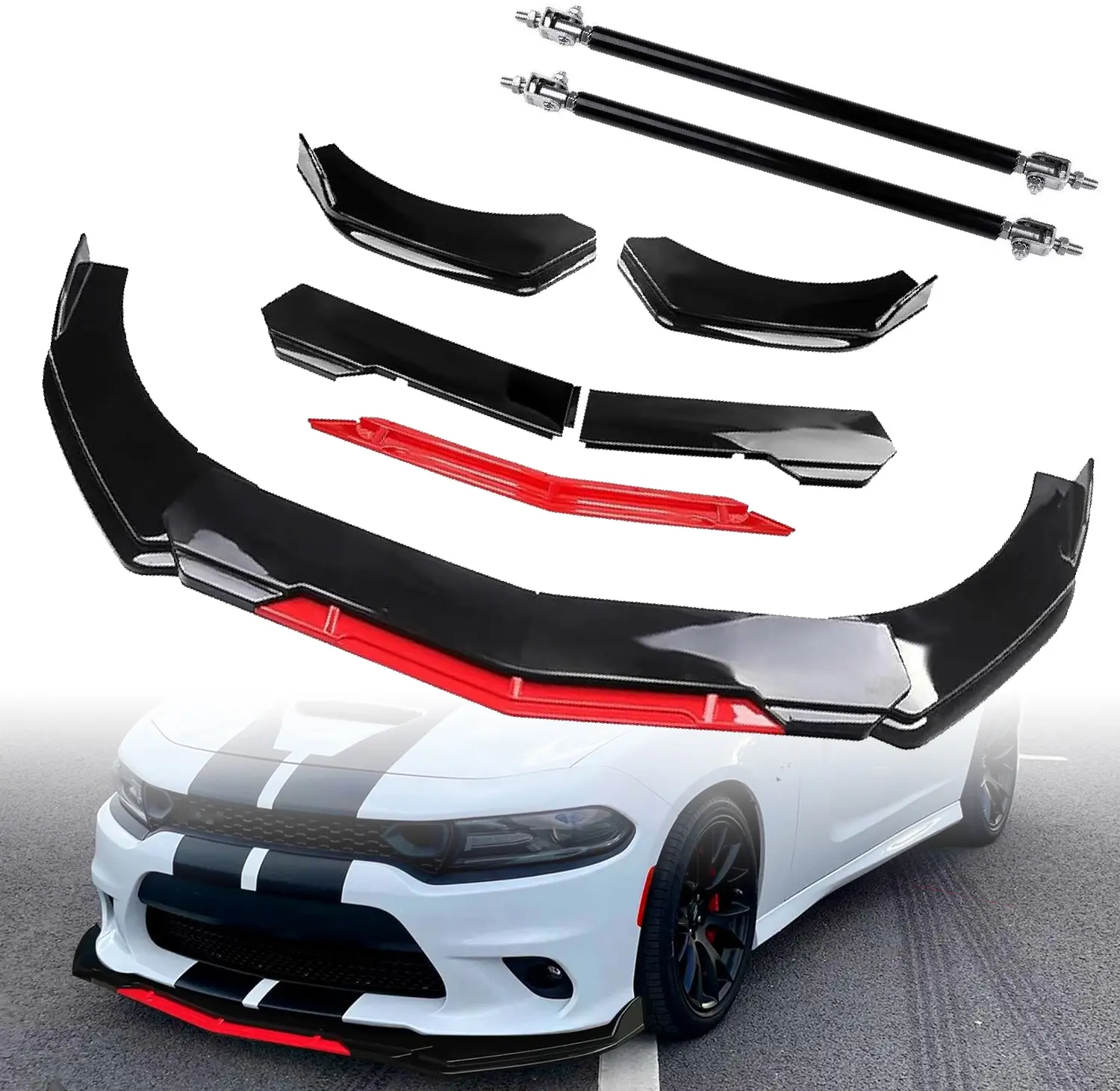 Universal Front Bumper Lip For Car, ABS Adjustable Sharp Corner Front Bumper Lip Splitter Protector Replacement For Charger/Civic/Accord/Altima/Corolla/Camry/Infiniti - Black w/Red
