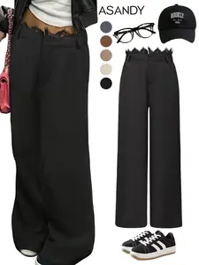 ASANDY Women's High Waist Wide Leg Pants with Lace Trim Details Solid Color Oversized Trousers Comfortable Loose Fit Design Versatile for Daily Streetwear Office All Season Wear