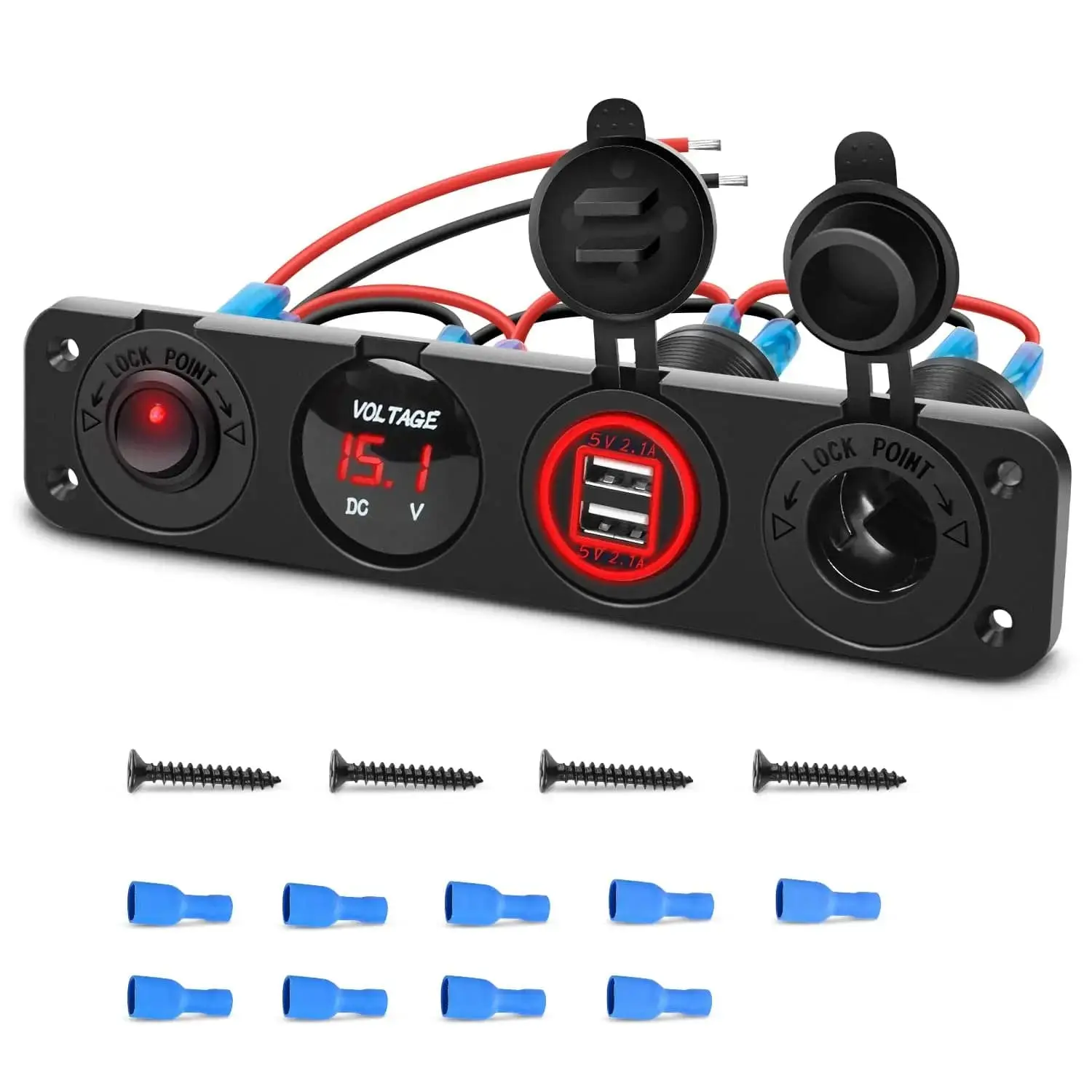 Nilight 4-in-1 Car-Mounted Charger Socket Panel - Red, ON/OFF Switch, Dual USB Ports, Voltmeter, Cigarette Power Source, Multiple Sockets, Power Outlet, Father's Day Gift
