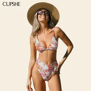 CUPSHE TikTokShopSpringGlowUp Coral Flower Bikini Top & V-Waist Bottoms Set Summer Beachwear Adjustable Straps Underwire Swimwear Fashion Swimsuit Season Women Bathing Suits