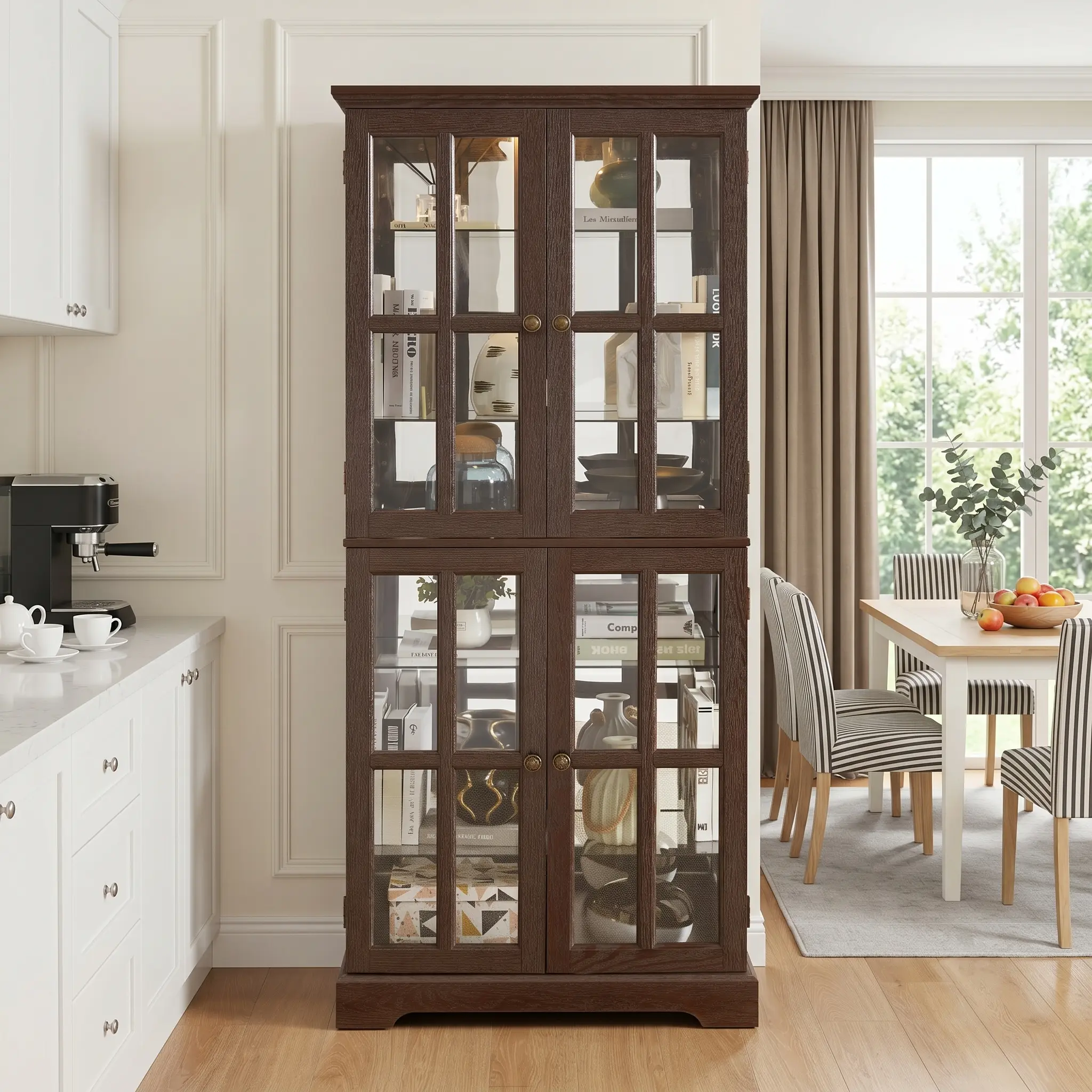 Eyisean Glass Display Cabinet, 69" H Curio Cabinet with Adjustable Shelves and 4 Glass Doors, Light Bulb Included, Elegant Antique Showcase, Rack for Living Room/Home Office