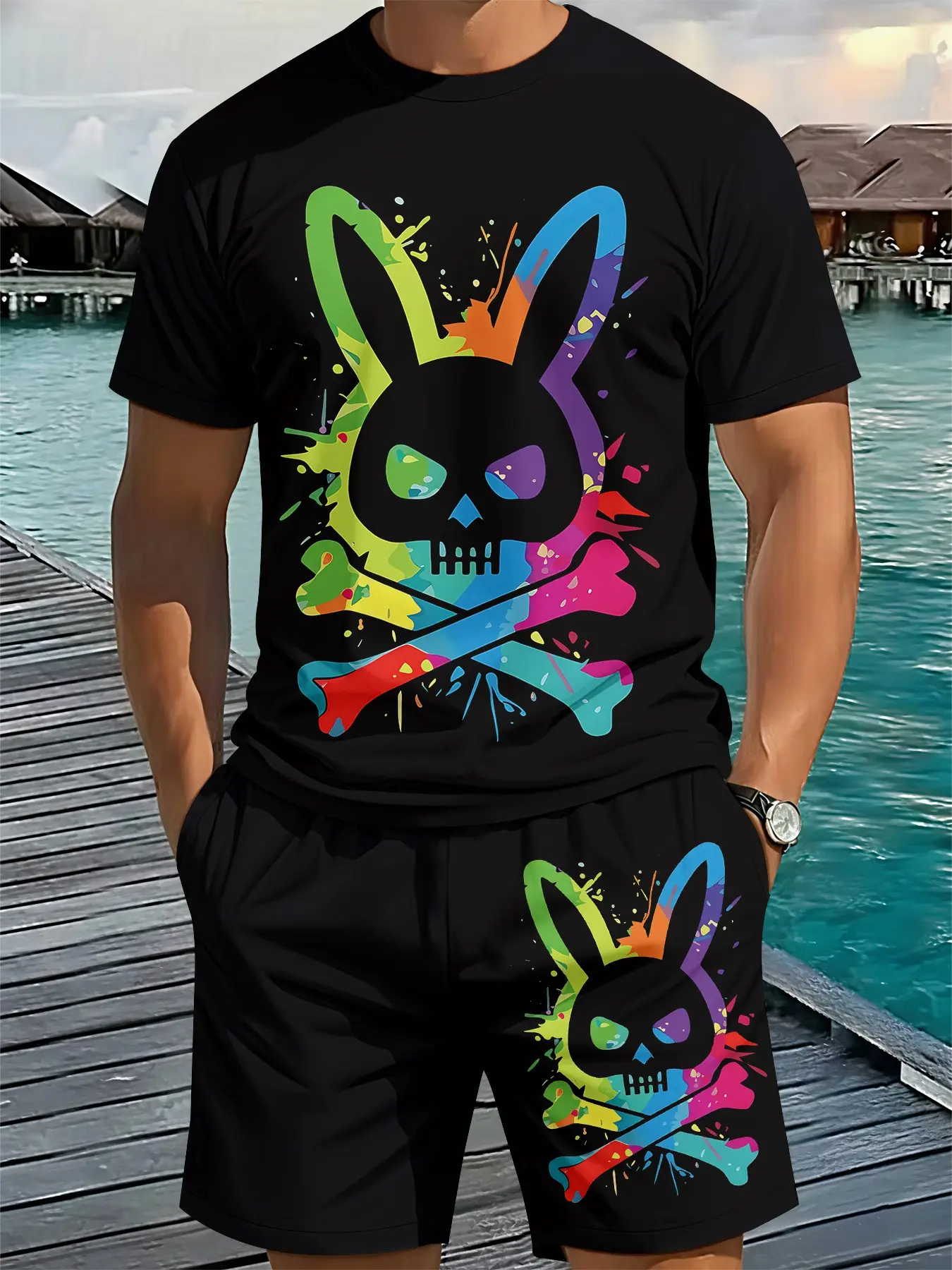 Color Splash Rabbit Skull Trendy Cool Casual Fitted Men's 3D Digital Print Two-Piece Set, Resort Wear Set, Breathable Sports Casual Style, Holiday Gift for Men