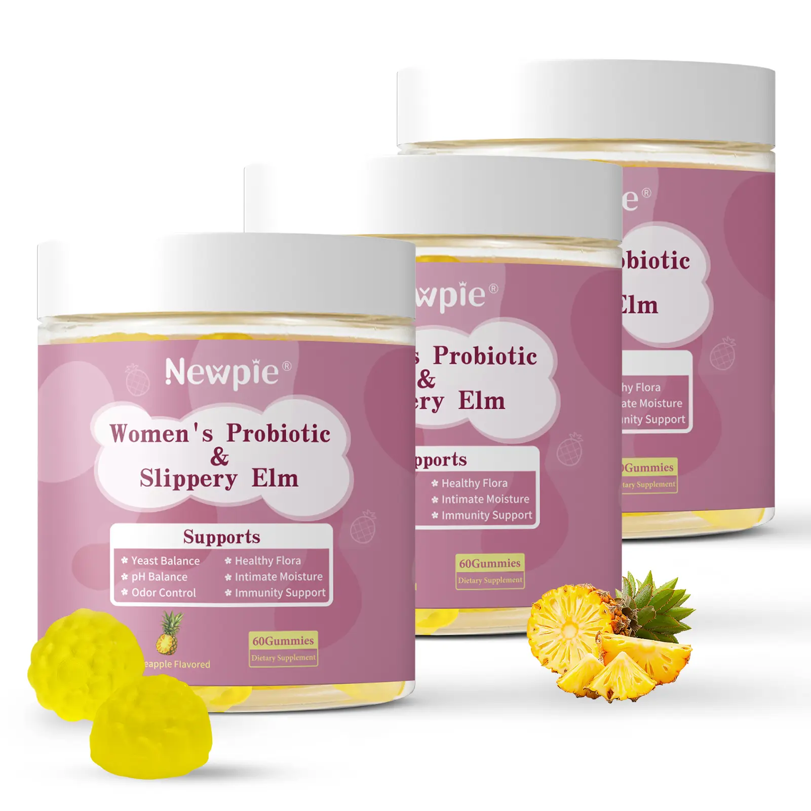 Women's Feminine Probiotics Gummies Health Dietary Supplement - All-in-1 with Slippery Elm, Prebiotics & Lactobacillus Blend for pH Balance, Immune Support, Pineapple Flavor, 60 Count