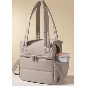 Double Deck Insulated Lunch Bag For Women Large Reusable Puffer Tote With Shoulder Strap Durable Meal Prep Cooler Box Perfect For Work Travel Picnic And Flight Camel Color