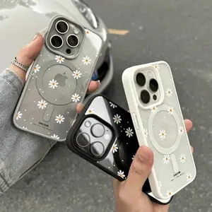 Daisy Smile White Daisy Print MagSafe Loopy Vibes Phone Case for iPhone 16/15/17/14 13/12/11 Pro/Plus/Pro Max Black/Gray TPU Edge Protective Cover Smartphone Protection Shockproof Casing