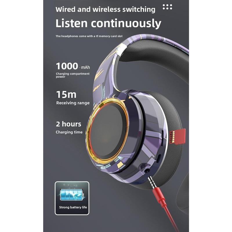 Luminous wireless over-ear Bluetooth headphones with SD card slot, noise cancellation, suitable for gaming and mobile phones.