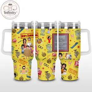 Bob’s Burgers Yellow Cartoon 40oz Tumbler With Handle, Stainless Steel Insulated Travel Cup, Funny Burger Family Graphic Drinkware, Retro TV Show Fan Cup Gift For Everyday Use