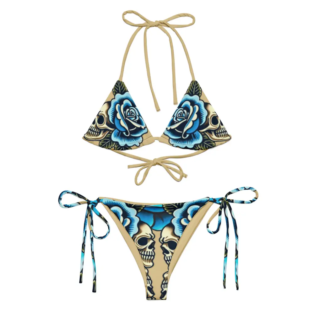 Traditional Tattoo Rose Skull String Bikini - Tan Two Peice Swimwear - Tattoo Style Bikini Set