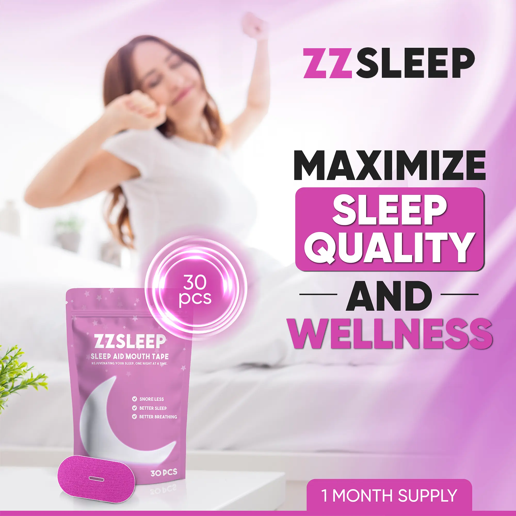Pink ZZSleep Tape - (30 Strips) Breathable Mouth Tape for Rest