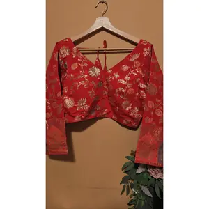 Red Floral Print Dola Silk Ready-to-Wear Blouse
