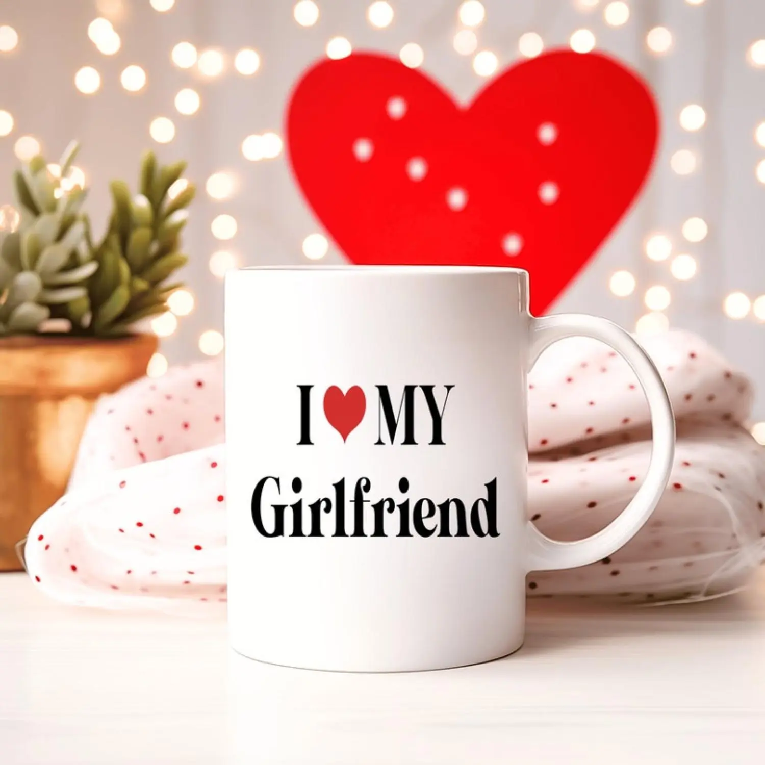 Customised "I Love My Girlfriend" Glossy Ceramic Coffee Mug - 1-Size, 11oz, Reusable, Durable, Washable Drinkware, Moderate Design, Ideal for Home, Office Work, Valentine's Day Gift