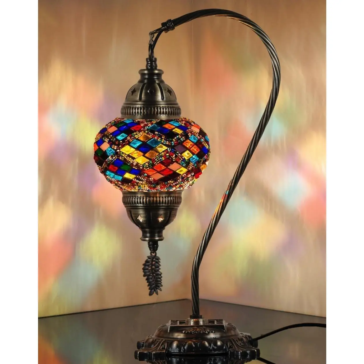 Turkish Table Lamp Moroccan Bedside Light  Tiffany Mosaic Glass Boho Artisan Accent Lighting for Bedroom Living Room, Antique Brass Finish - 15" H, Multicolor