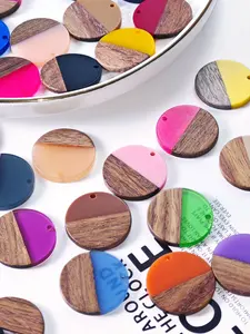 20pcs New Fashion Random Color Round Resin Natural Wood Earrings Pendants DIY Accessories, Women's Jewelry Parts, Holiday Gift