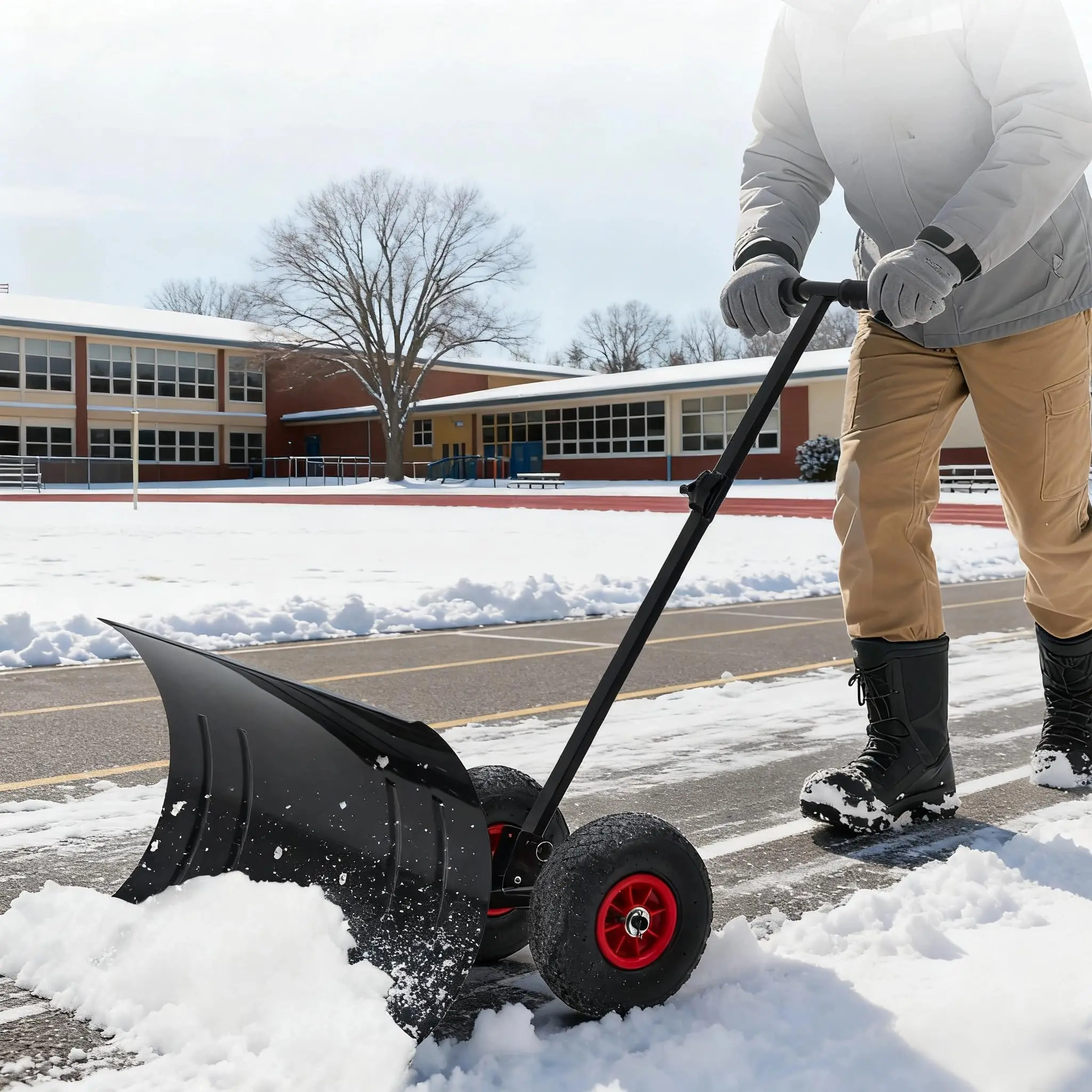 GARVEE Large 29 in x 14 in Snow Shovel with Wheels for Driveway, Heavy Duty Push Snow Plow Shovel with Adjustable Handle, Angled Blade, Efficient Snow Removal for Pavement