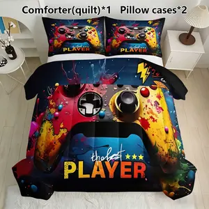 Gaming Controller Bedding Set, Includes 1 Comforter & 2 Pillowcases, Perfect for Gamer Room Decor, Feather Silk Cotton Material