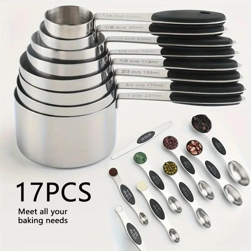 17 piece set of modern industrial classic cups and spoons heavy-duty double-sided magnetic spoons stackable kitchen measuring tableware for dry and liquid ingredients cooking kitchen tools with silicone handles food cups and spoons