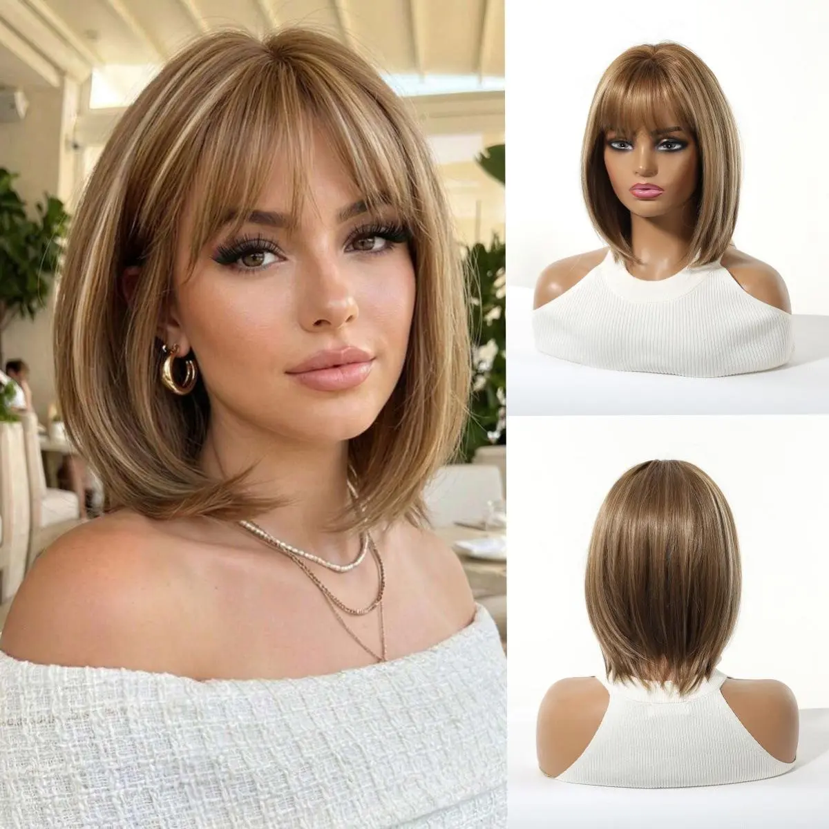Women’s Summer Breathable Gradient Golden Brown Side-Part Bob Wig, Glueless Synthetic Full Cap Wig, Quick-Wear Fashion Wig