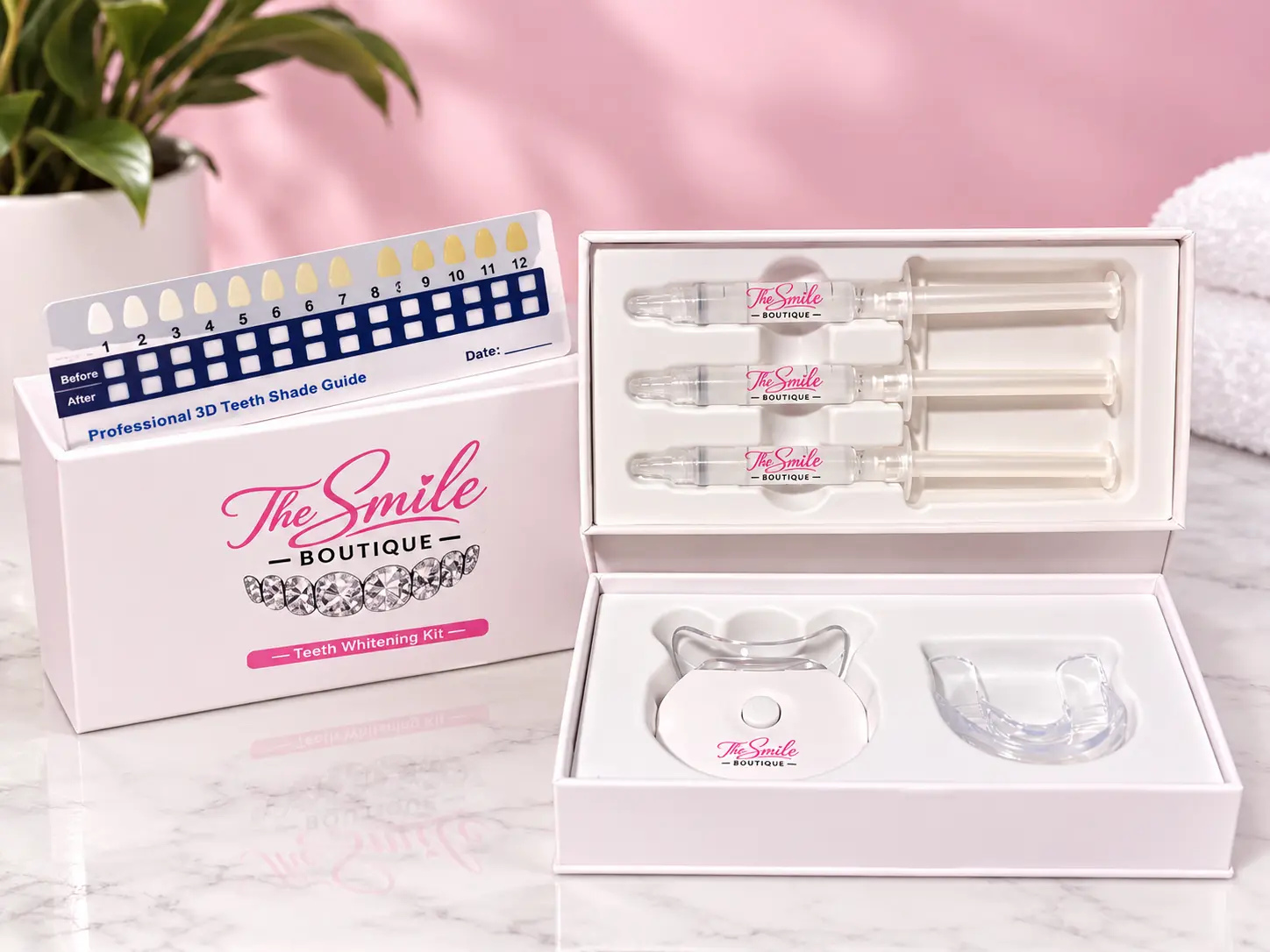 The Smile Boutique Professional 3D Teeth Shade Guide & Teeth Whitening Kit with 3 Ampoules and Mold for Perfect Smile