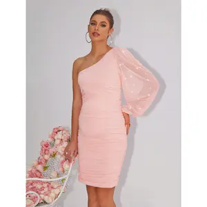 Joyfunear Sexy Solid Color One-Shoulder Lantern Sleeve Bodycon Maternity Dress