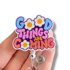 Glitter My Badge good things are coming badge reel for nurse and hospital workers. Badge clip Badge pull - Retractable swivel clip with a 360 rotation. Great gift for coworkers. Funny badge reels