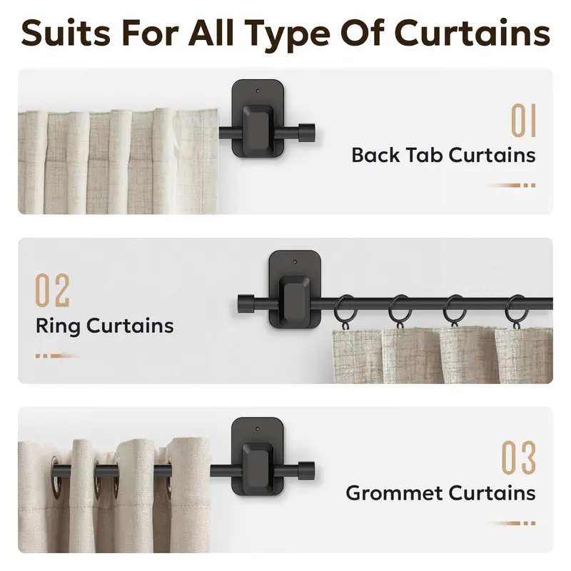 Inovaday | No-Drill Curtain Rods For Windows-Adjustable 5/8" Tension Rods, Adhesive Brackets, Easy Install Black Drapery Pole,Back To School,Renter-Friendly/Dorm Essentials,Home Decor,Home Essentials