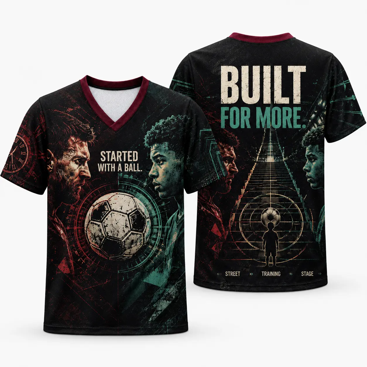 Men's V-Neck Soccer Graphic Tee, 'Built For More' All-Over Print, Lightweight Breathable Mesh Top for Training and Game Day, Plus Size Fashion