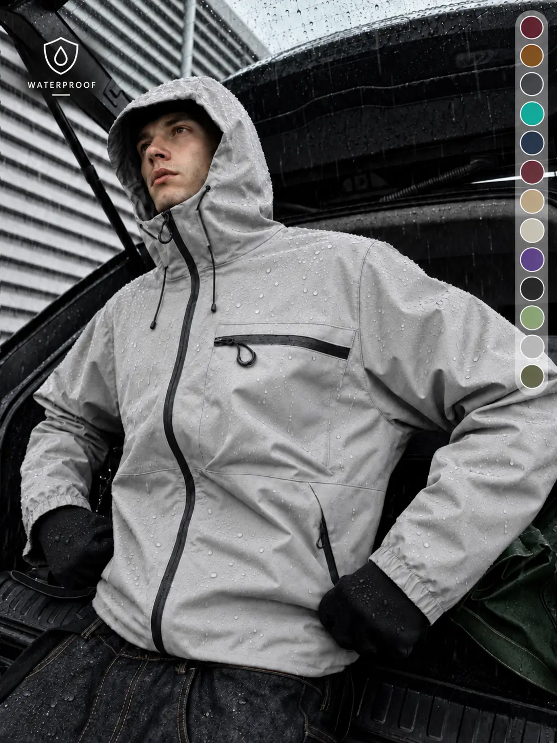 Men’s Waterproof Hooded Patchwork Preppy Woven Party Jacket - Windproof Lightweight Rain Coat with Zippered Pockets, Outdoor Hiking Windbreaker Shell, Casual Fall-Winter Streetwear by Sohochic