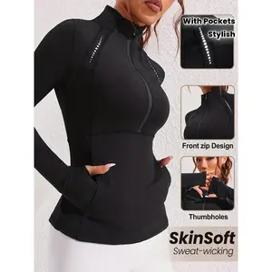 Women's Thumb Holes Zip Up Sports Jacket Sporty Plain Long Sleeve Top with Pockets Front Zip Design for Tennis Pickleball Indoor Outdoor Wear batman  compression  shirt