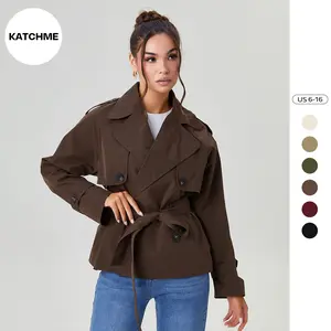 KatchMe Women's Commuter Notch Lapel Double Breasted Detachable Belt Trench Coat, Fall & Winter Plain Wrap Tie Waist Outerwear Jacket, Elegant Trench Coat