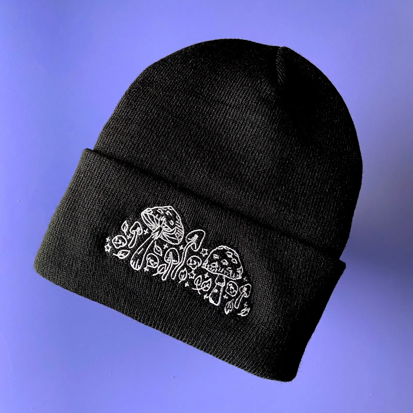 Embroidered Mushroom Beanie by Spooky Doodle Club - Spooky Halloween Beanie, Dark Cottagecore Aesthetic Embroidered Hat, Black Knit Cap for Fall, Embroidered Skull Horror Beanie, Goth Witchy Style