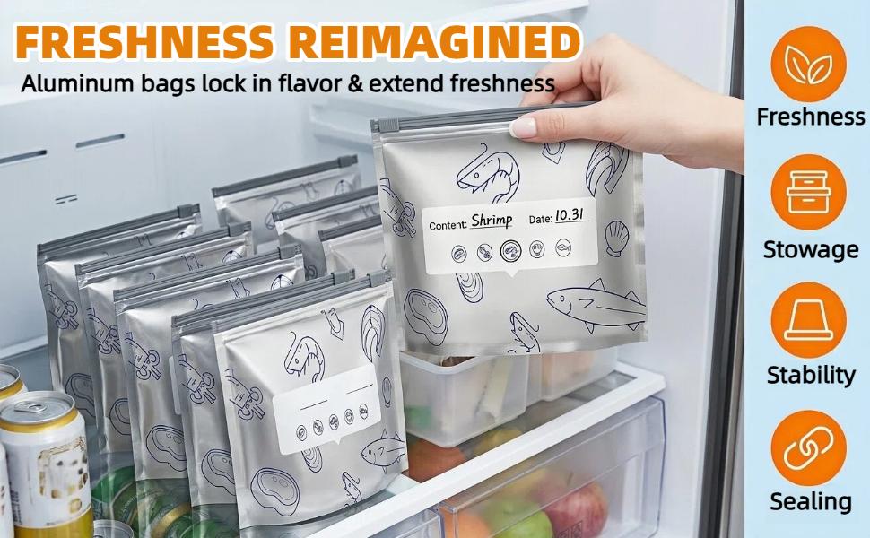30 PCS Reusable Aluminum Foil Sealable Storage Bags - 2026 New BPA-Free Heavy-Duty Kitchen Utensils Containers, Airtight Resealable Vacuum Ziplock Stand-Up Bags, Label-Ready for Home/Travel Food Storage (S+M+L), Insulation, Varied Sizes