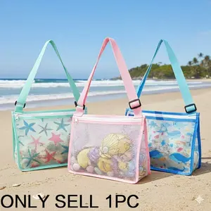 Kids Beach Toy Storage Net Bag with Zipper, Shell Collecting Handbag for Boys & Girls, Portable Swim Gear Organizer, Picnic Essentials Pouch, Practical Toy Market Organizer, Storage Tote, Mesh Bag.