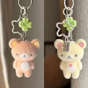Rilakkuma Cute Flocking Little Bear Keychain Cartoon Resin Animals Charms Girl Keyring Carbag Purse Phones  Key Ring Gift