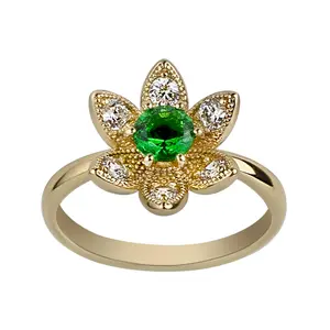 Floral Green Halo Ring - 14K Gold-Plated