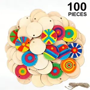 100pcs Unfinished Round Single-Hole Wood Discs, Natural Wooden Craft Tags, 1 Inch DIY Handmade Party Birthday Christmas Decorations