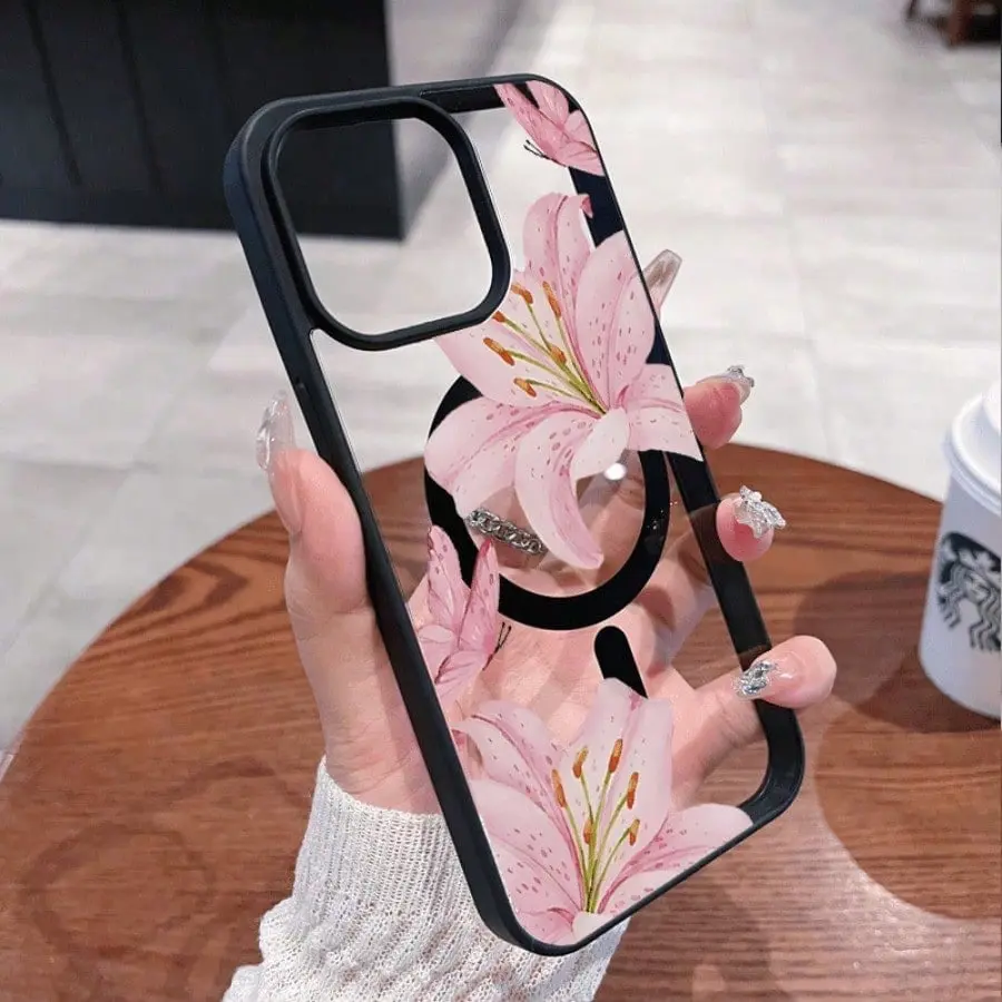 Pink Lily Magnetic Phone Case for iPhone 17 E Air Pro ProMax iPhone16 15 14 Plus 13 12 11 X XS XR. It Features a Fashionable Pattern Design, and the Transparent Phone Case Offers Multiple Color Options. It's a Classic Shockproof Hybrid Transparent Case