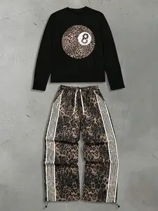 Unisex Leopard Print Street Style Sweatshirt Set, Long Sleeve Round Neck Top & Pants Two-Piece, Comfortable Fall Winter Wear