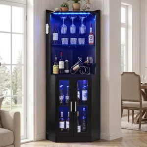 VEVOR Corner Wine Cabinet, Bar Cabinet with Ample Storage, Modern Buffet Sideboard with Glass Holder, Adjustable LED Brightness, Anti-Tip Strap, for Home Kitchen, Living Room, Dining Room, Black Wood