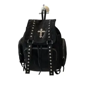 Gothic Vintage Rivet Backpack, Cross Chain Decoration, Punk Street Style, Casual Plain Design, All Seasons, Unisex Bag, Stud Bookbag