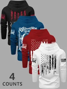 Men's Flag Series Print Hooded Long Sleeve T-Shirt, Casual Fall & Winter Outdoor Wear, 4 Pack, Fitted Letter Pattern