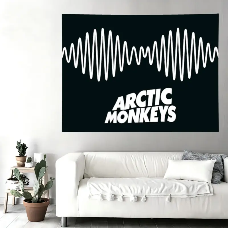 Arctic Monkeys AM Album Soundwave Wall Flag, Black Background White Waveform Tapestry, Minimalist Rock Band Room Decor